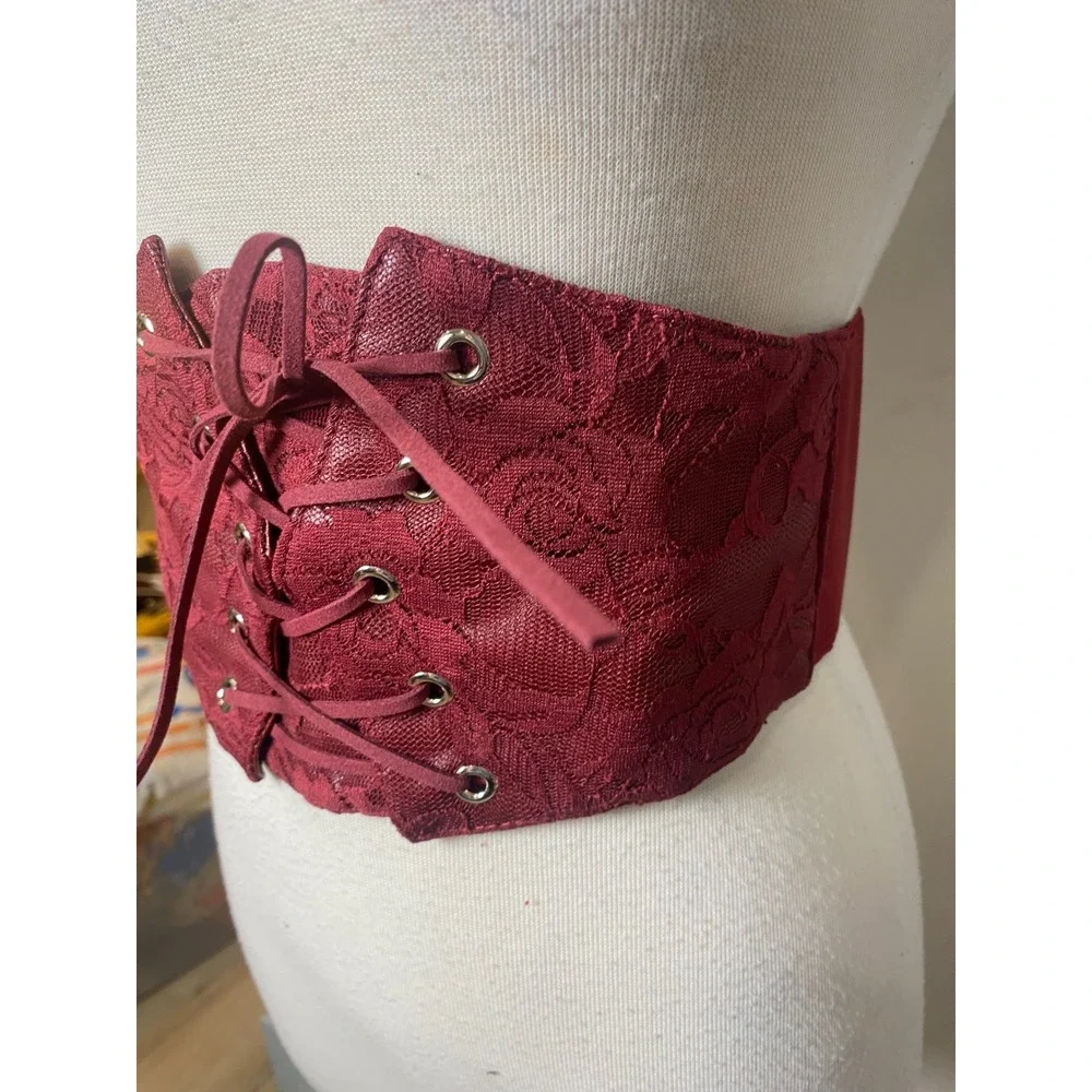 Burgundy Red Lace Corset Belt Y2K Wide Elastic Waist Cinch Snap Floral Rose S/M